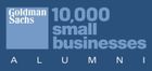 Goldman Sachs 10,000 Small Businesses Alumni logo on a dark blue background with white and light blue text.