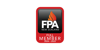 Logo of Fire Protection Association (FPA) New Zealand, full member 2024-2026. Features flame icon and red/black color scheme.