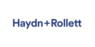 Haydn + Rollett text in dark blue on white background.