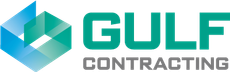 Logo for Gulf Contracting featuring a turquoise geometric shape and text.