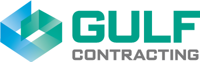 Logo for Gulf Contracting featuring a turquoise geometric shape and text.