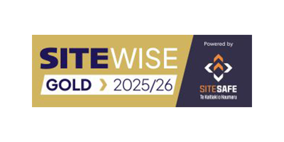 SiteWise Gold 2025/26 logo in gold and navy. Powered by SiteSafe logo with a flame icon.