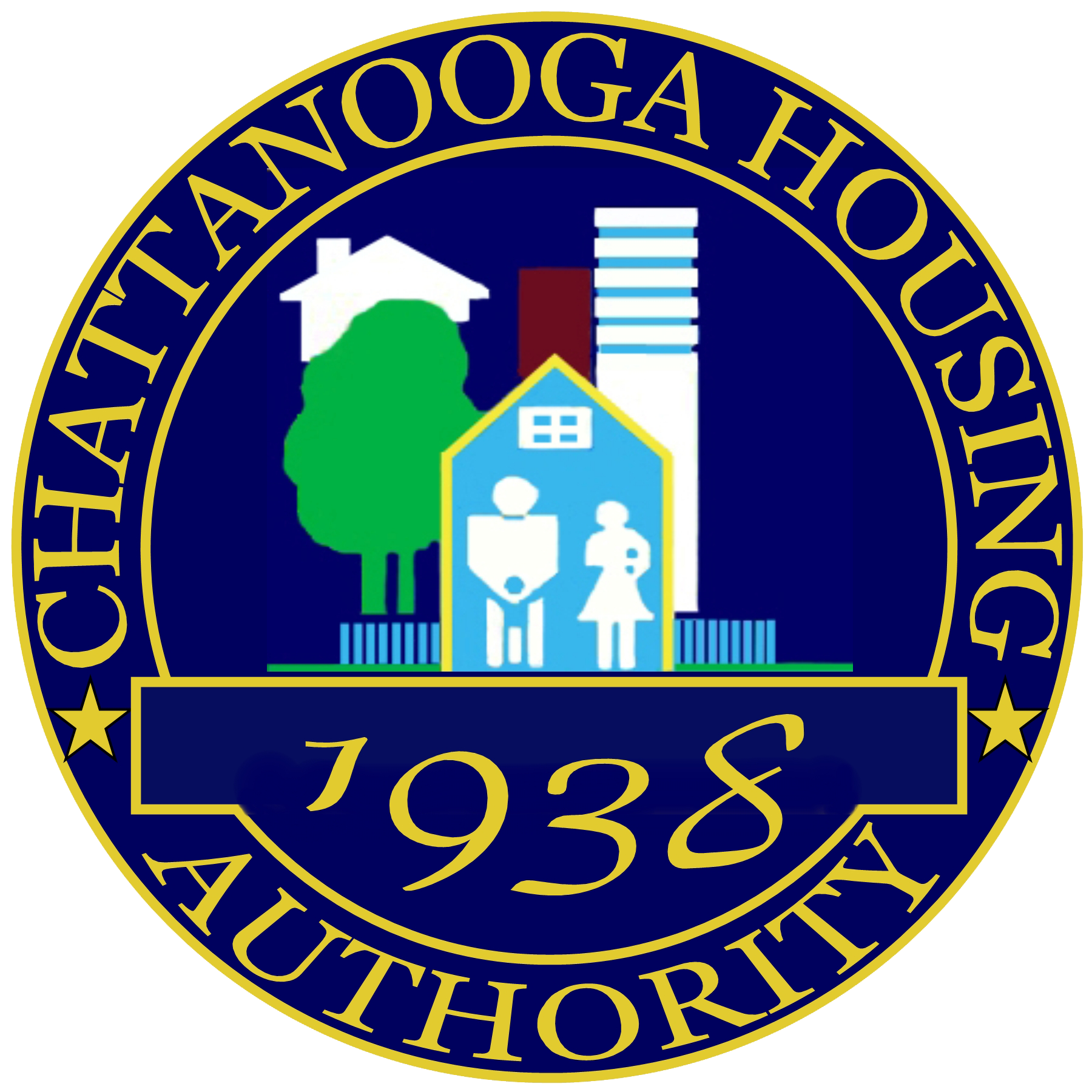 Chattanooga Housing Authority logo: blue and gold seal with housing icons and 