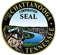 Chattanooga, Tennessee city seal with river, cityscape, and cannon.