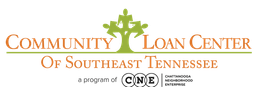 Logo for Community Loan Center of Southeast Tennessee, featuring a tree icon and text in green and brown.