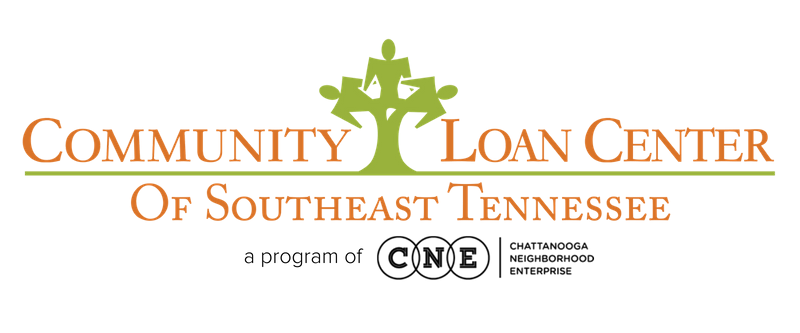 Logo for Community Loan Center of Southeast Tennessee, featuring a tree icon and text in green and brown.