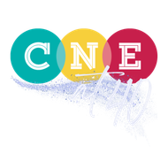 Logo featuring the letters C, N, and E in white, overlapping colorful circles (teal, yellow, red) with a blue and white swirl.