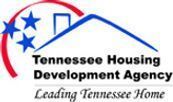 Logo for Tennessee Housing Development Agency. Blue roof, three stars, red arch, black text: 