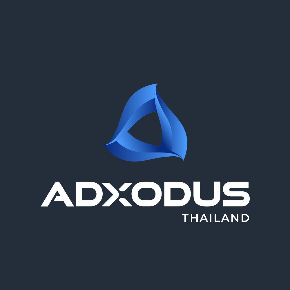 โลโก้ Adxodus Thailand เอเจนซี่โฆษณาออนไลน์ พร้อมสัญลักษณ์กราฟิกสีน้ำเงินบนพื้นเข้ม