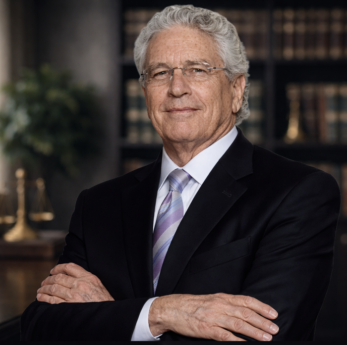 Professional portrait of a person in a suit and tie, arms crossed, in front of bookshelves and a scale of justice.