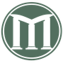 A sage green circular emblem featuring three white architectural columns arranged to form the letter 