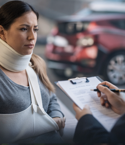 A person with a neck brace and arm sling speaks to a claims adjuster holding a clipboard near a damaged car.