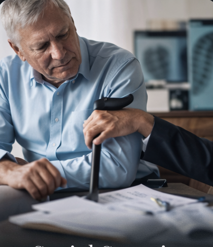 An older person rests their hand on a cane while sitting at a desk with medical documents in a doctor's office.