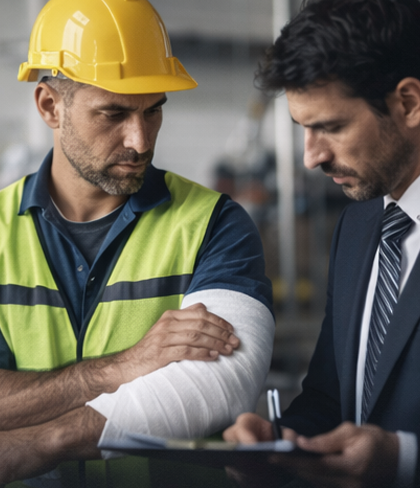 A worker in a yellow hard hat and high-visibility vest with a bandaged arm consults with someone in a business suit.