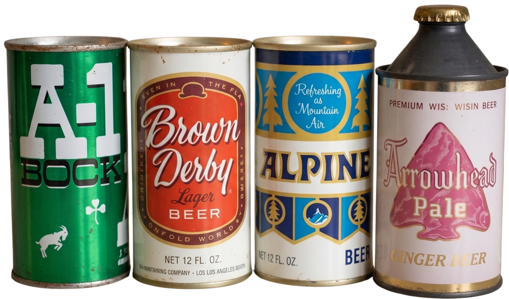 Four vintage beer cans: green A-1 Bock, red Brown Derby, blue Alpine, and pink Arrowhead Pale.