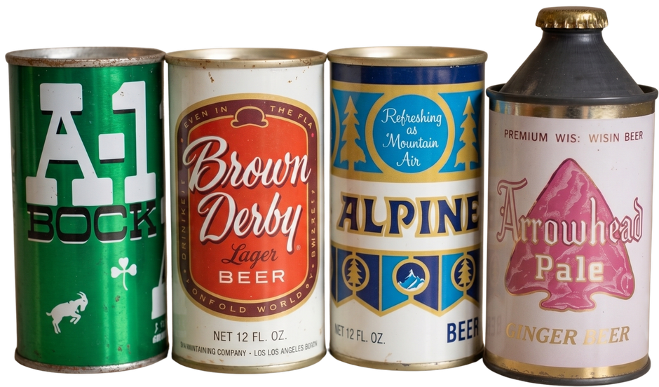 Four vintage beer cans: green A-1 Bock, red Brown Derby, blue Alpine, and pink Arrowhead Pale.