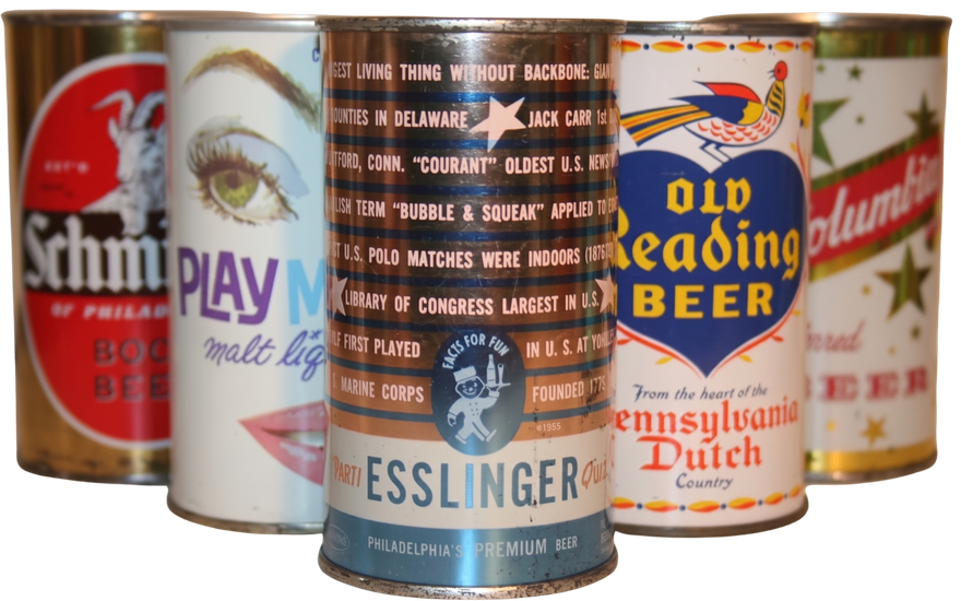 Five colorful vintage beer cans, including Schlitz, Play Ball, Esslinger, and Old Reading Beer labels.