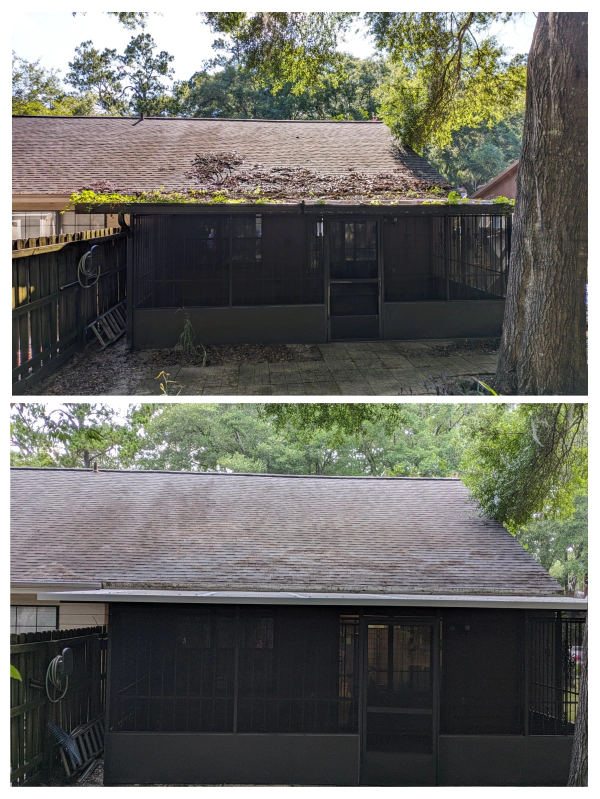 Before-and-after view of a roof cleaning. The top shows a moss-covered roof; the bottom shows the clean roof.