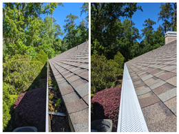 Two views of a roof gutter: one filled with debris, the other clean with a gutter guard, both set against trees and a blue sky.