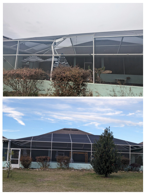 Top: Damaged screened-in patio enclosure. Bottom: Repaired patio enclosure with blue sky background.