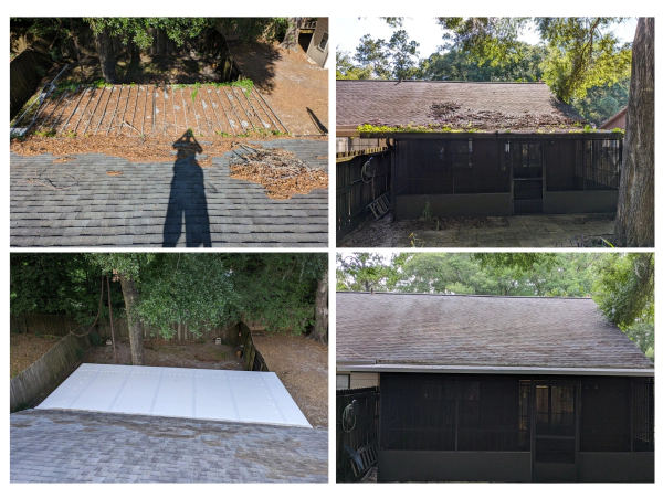 Four-panel view of a roof replacement. Old roof being removed, the building with the old roof, a new sub-layer and building with the new roof.