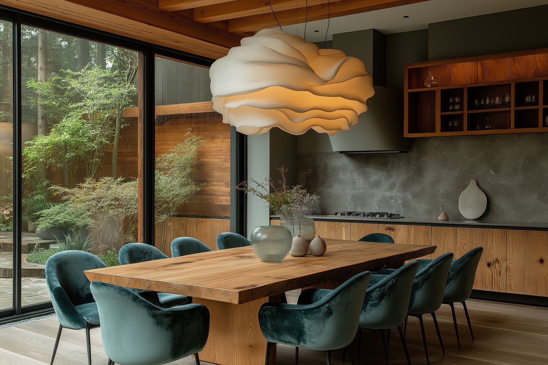 Salle à manger avec grande table en bois et chaises en velours, avec une grande fenêtre. Un luminaire est suspendu.