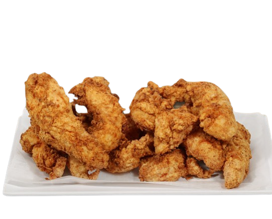 A white plate topped with fried chicken strips on a white background.