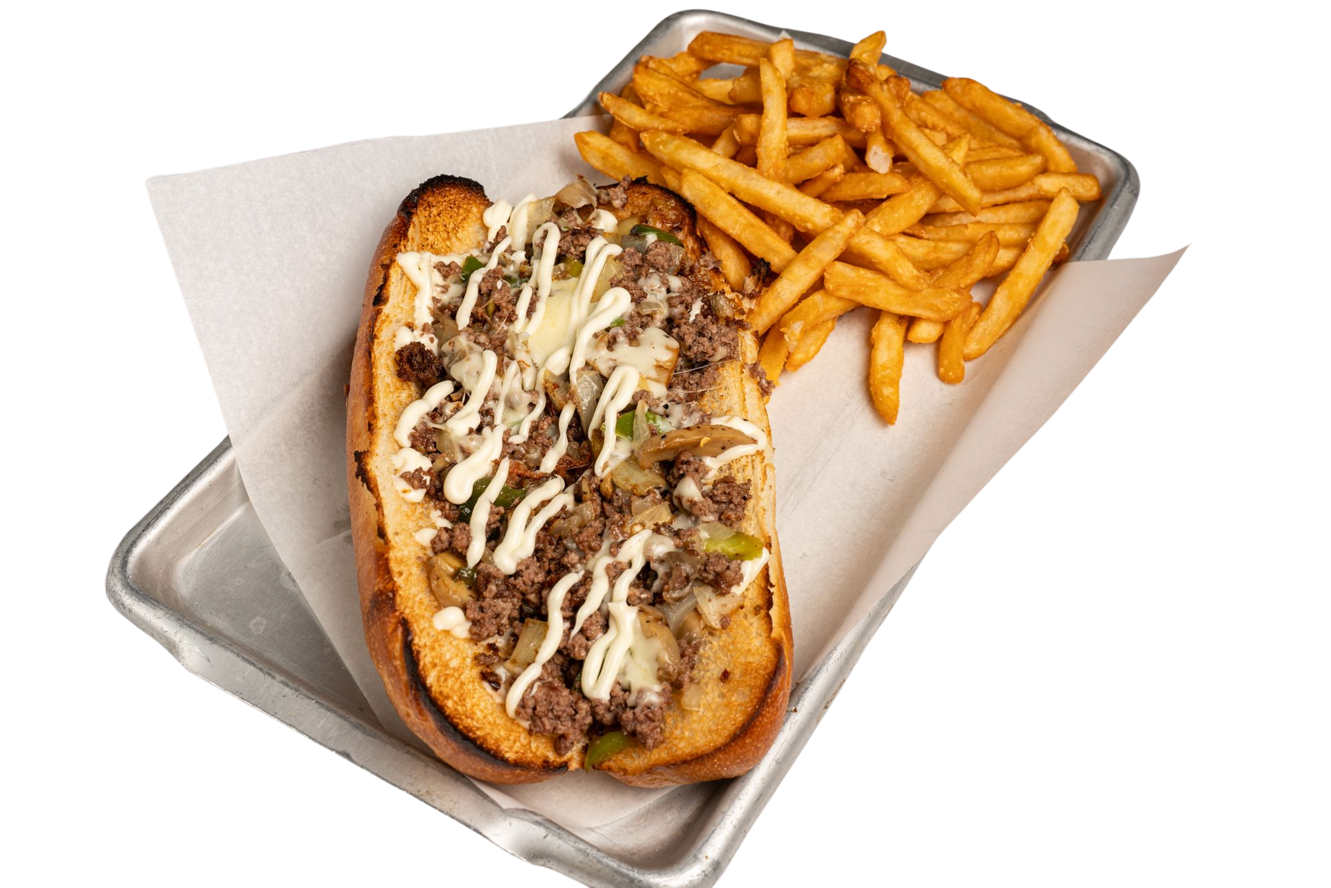 A steak sandwich and french fries on a metal tray.
