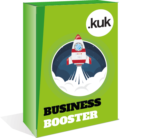 A green box that says business booster on it