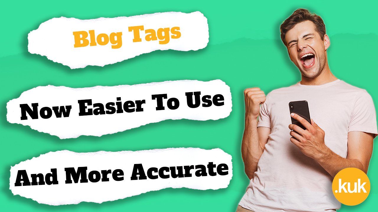 A man is holding a cell phone in front of a green background that says blog tags now easier to use and more accurate