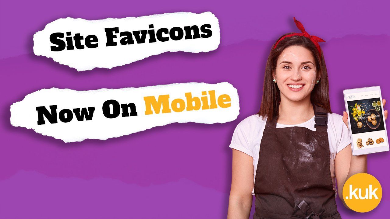 A woman in an apron is holding a cell phone in front of a purple background that says site favicons now on mobile
