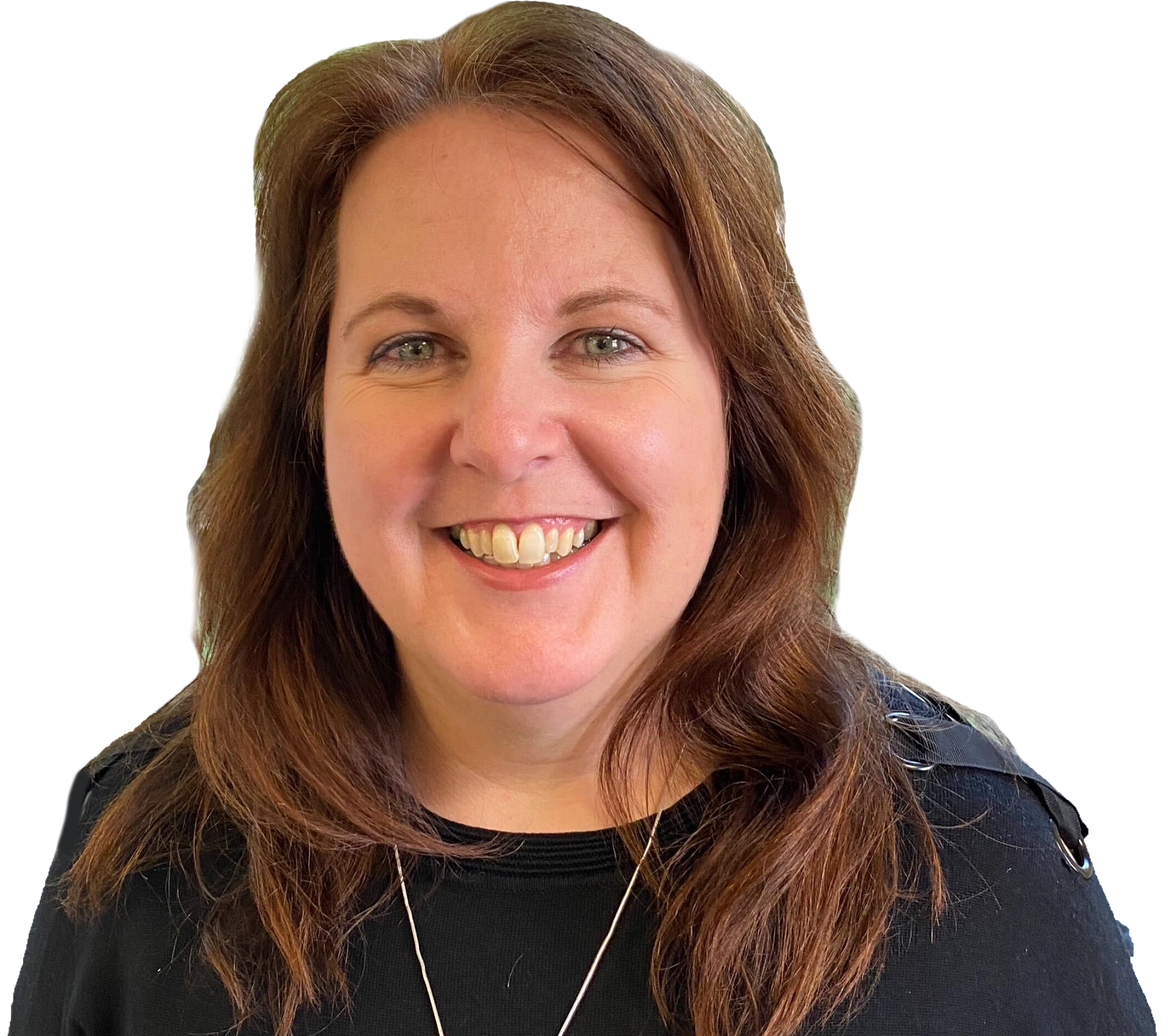 A woman with long brown hair is smiling and wearing a black shirt.