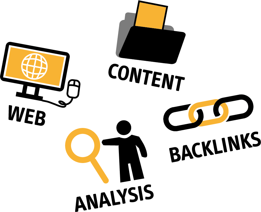 A computer , mouse , magnifying glass , content , web , backlinks and analysis icons.