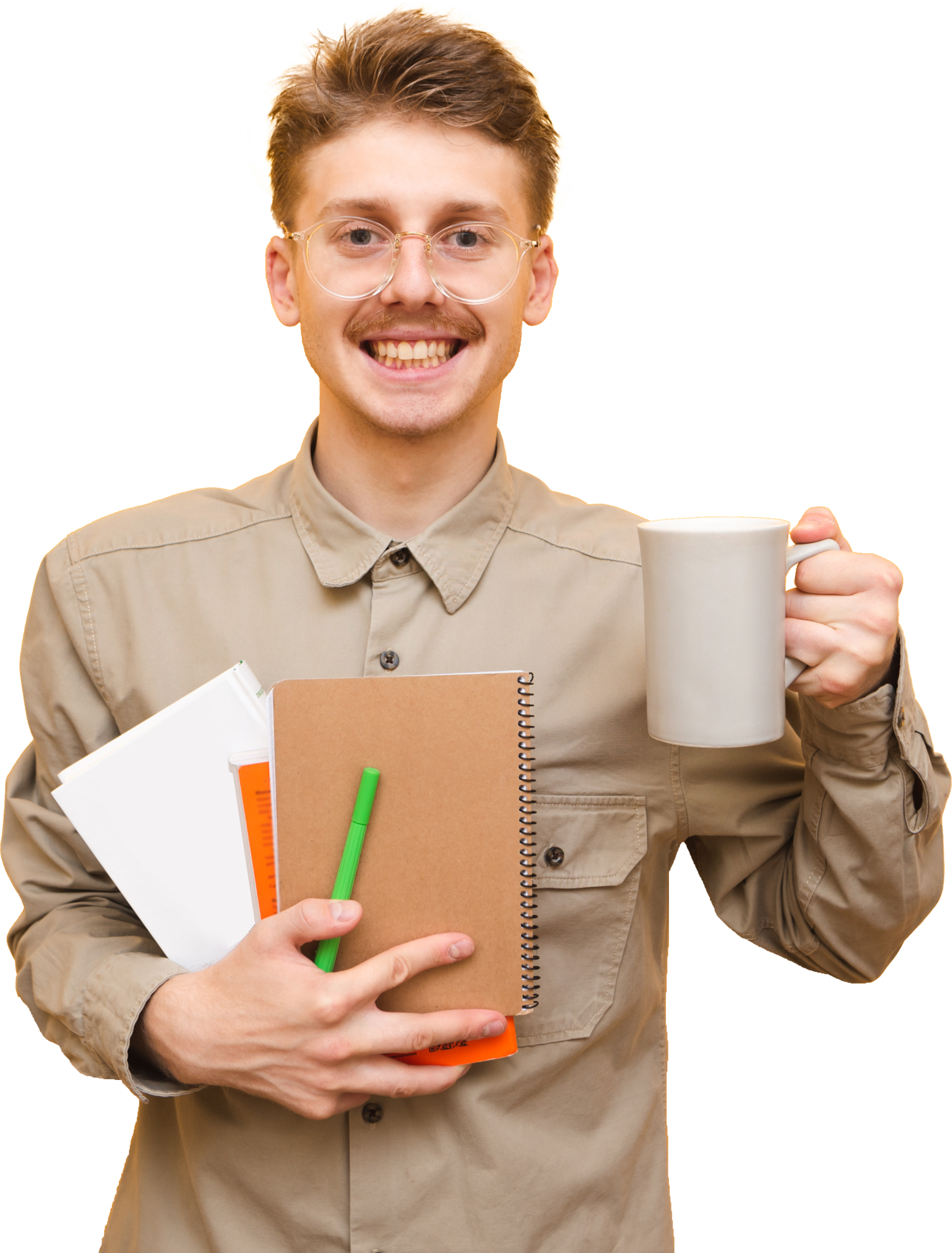 A man holding a notebook and a cup of coffee