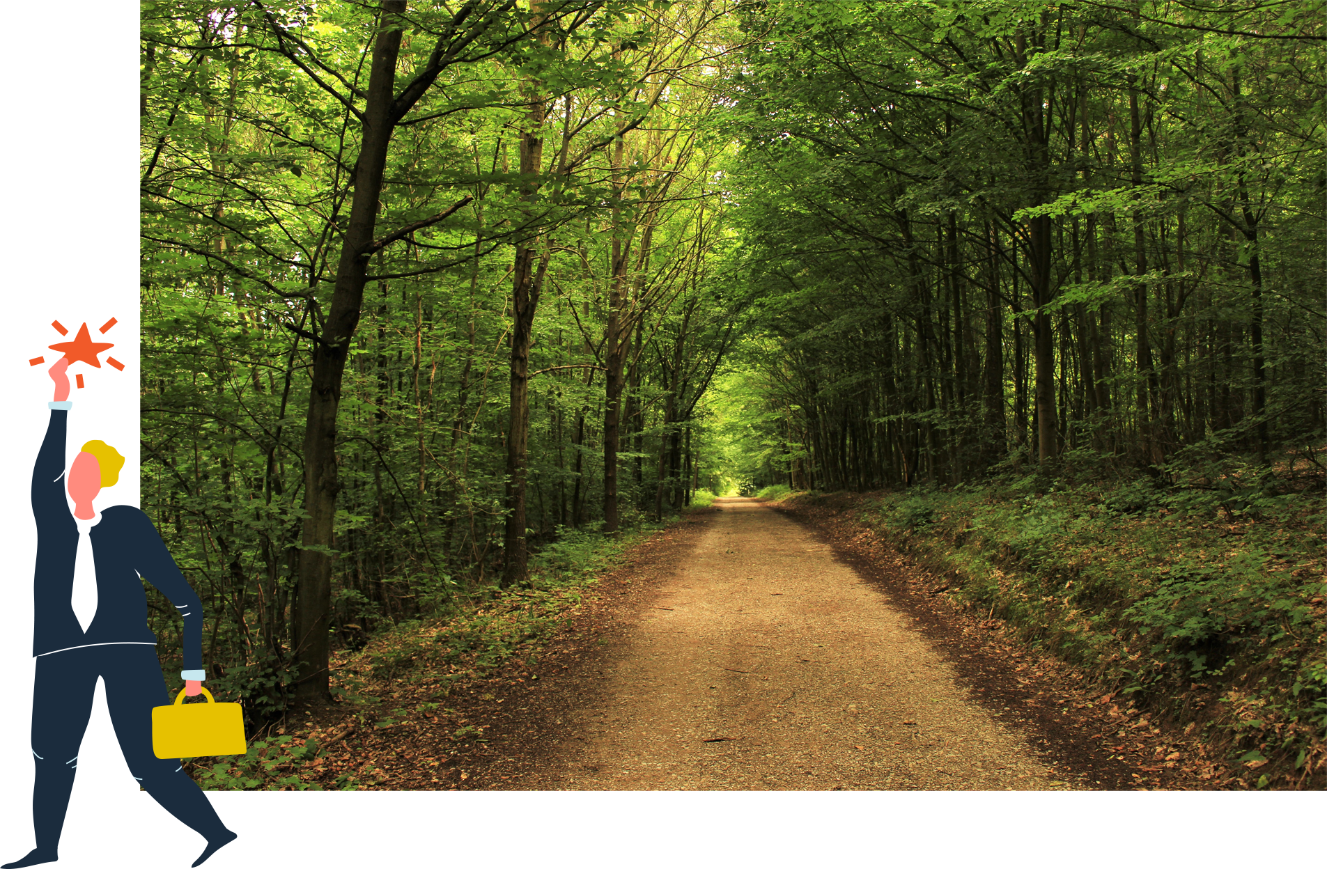 A man in a suit is walking down a dirt road in the woods.