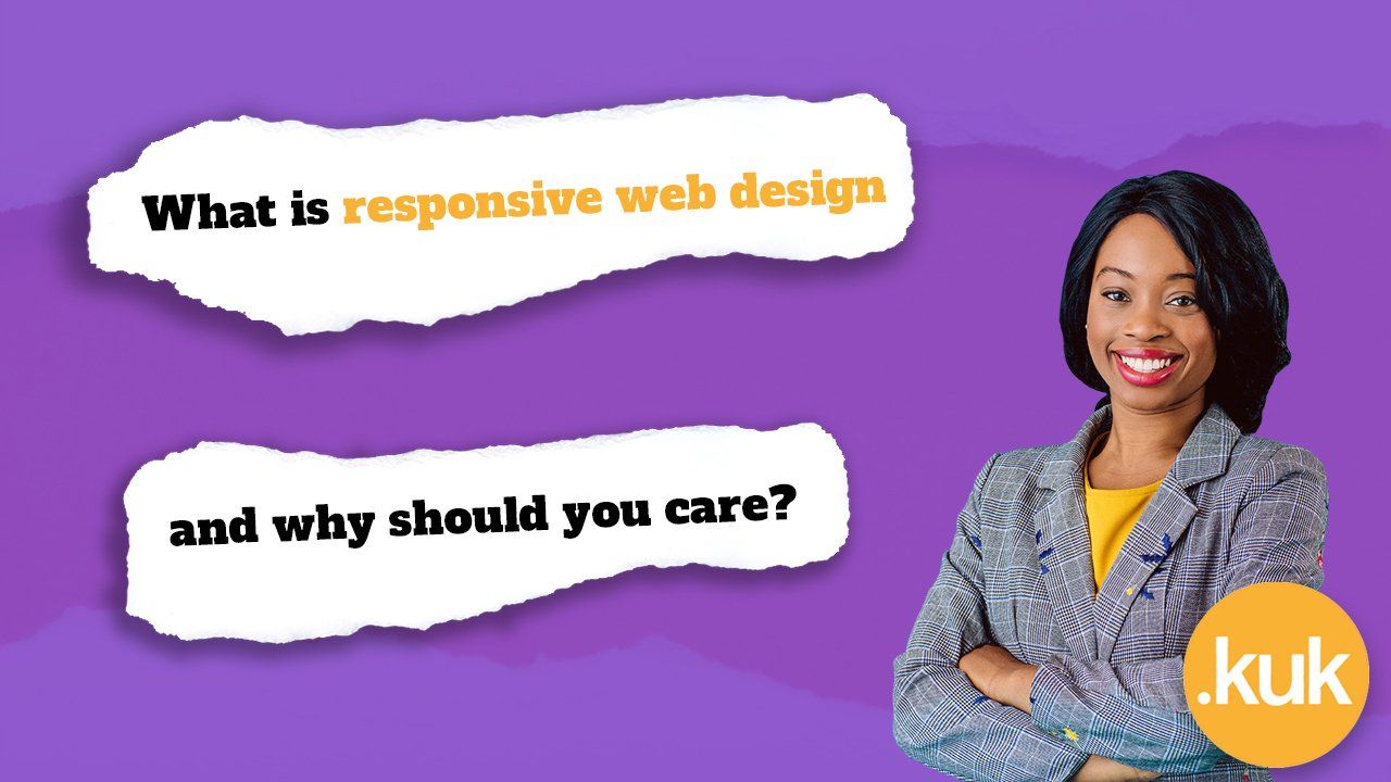A woman stands with her arms crossed in front of a purple background that says what is responsive web design and why should you care