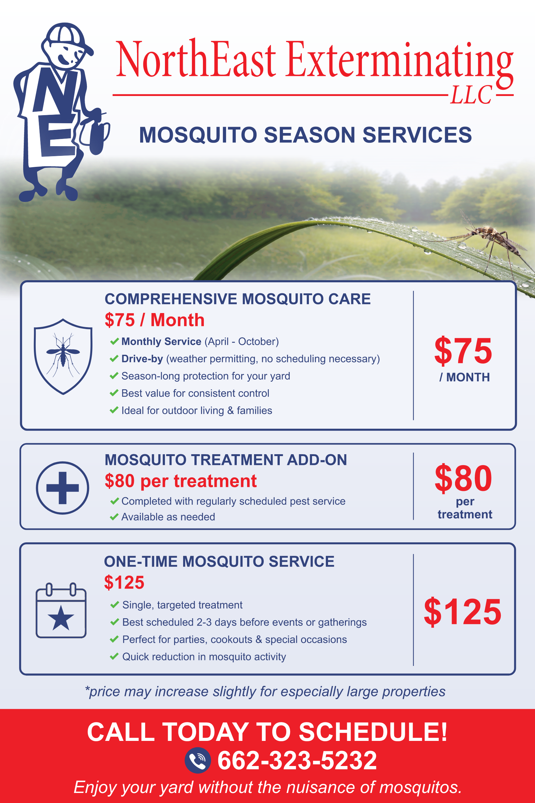 Flyer for NorthEast Exterminating Mosquito Season Services listing packages starting at $75/mo, $80/treatment, or $125/service.