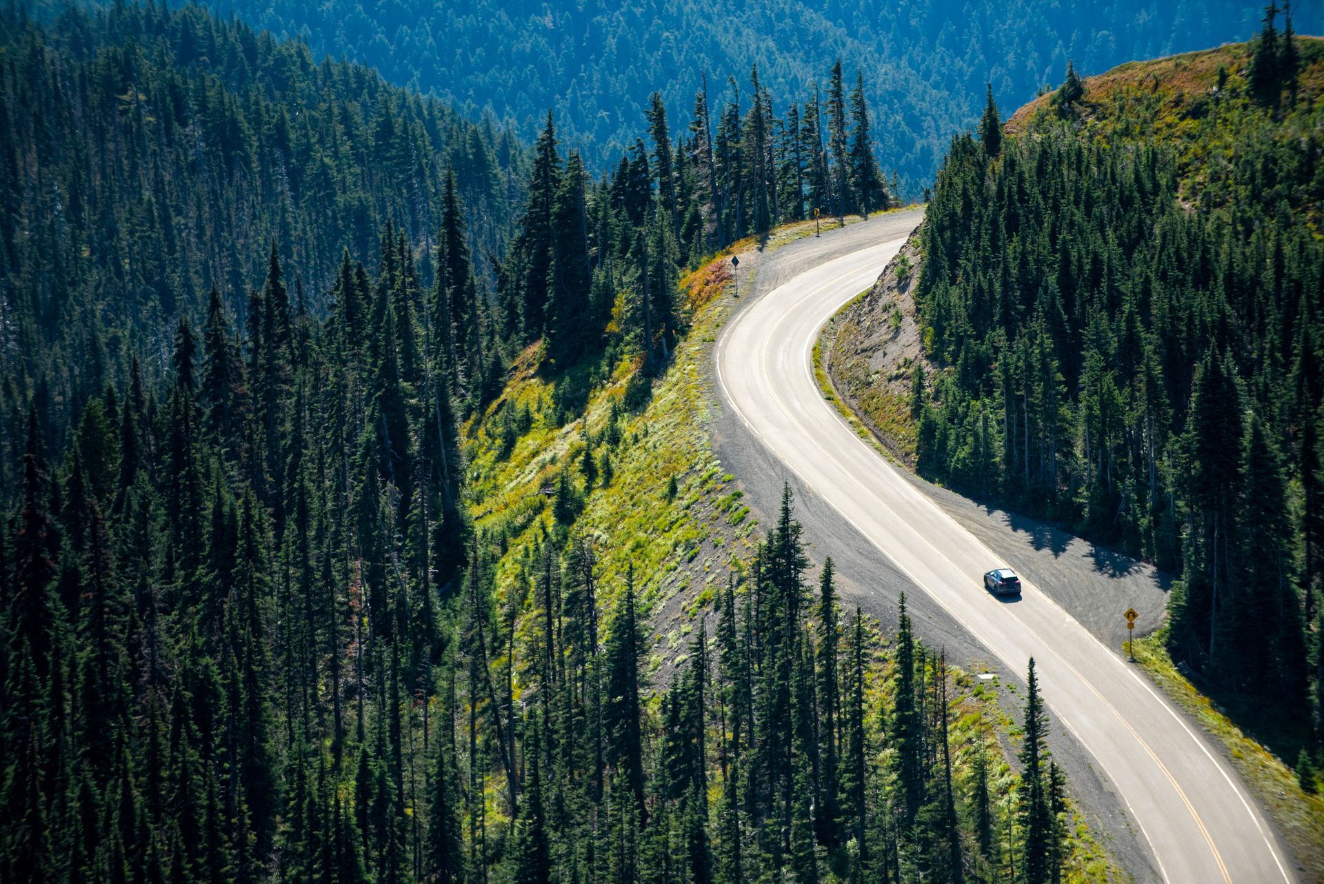 A car is driving down a winding road surrounded by trees.