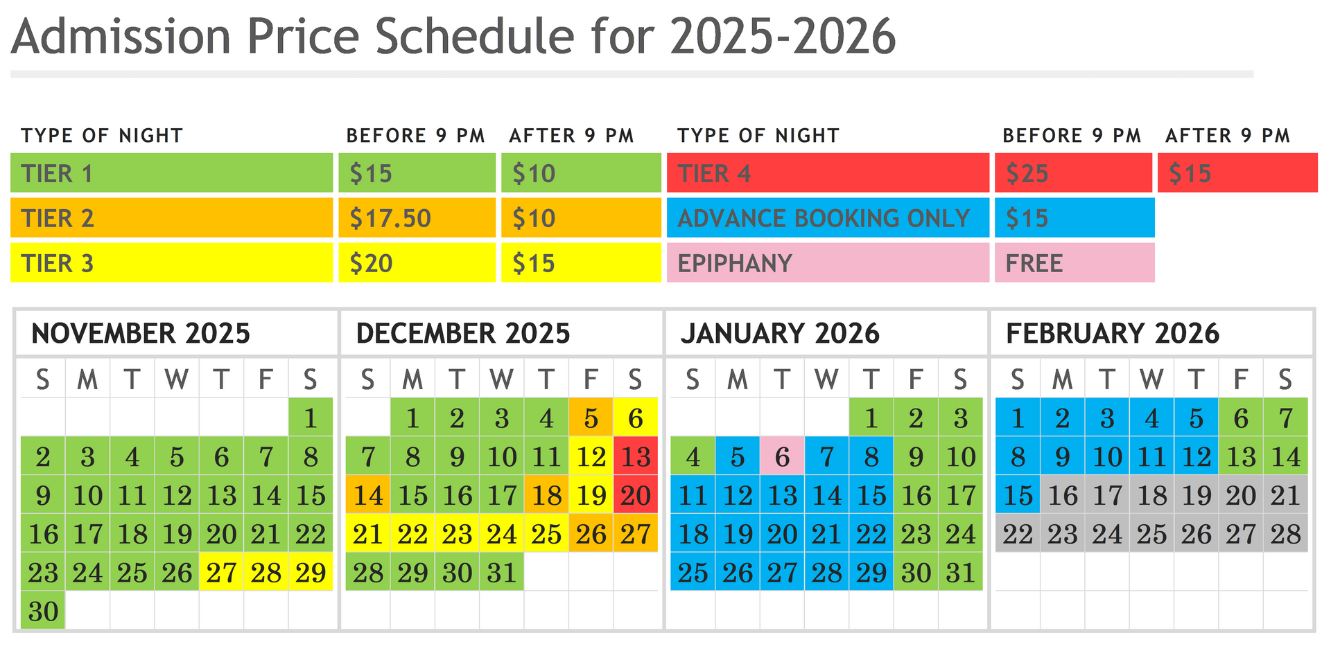 A calendar showing the Christmas Never Ends admission price schedule for 2024-2025