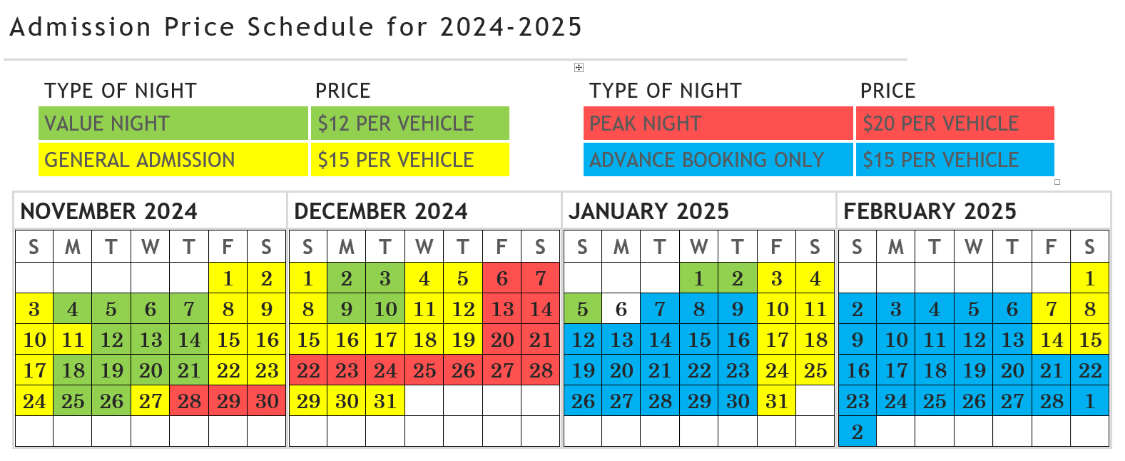 A calendar showing the Christmas Never Ends admission price schedule for 2024-2025