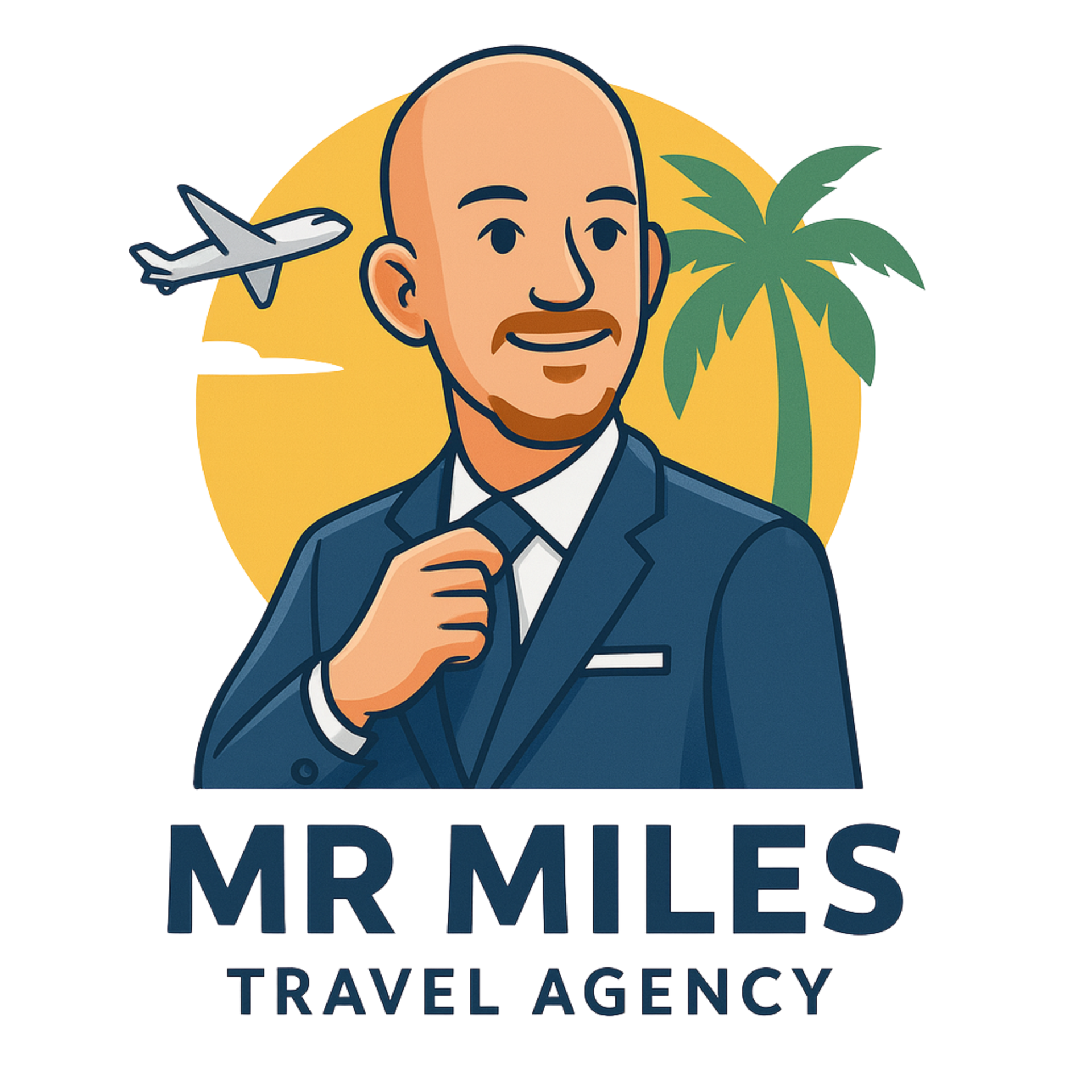 Logo: Bald man in suit adjusting tie, airplane, palm tree, sun, and 