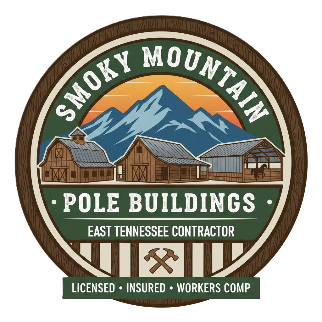 Logo for Smoky Mountain Pole Buildings, featuring barns, mountains, and text.