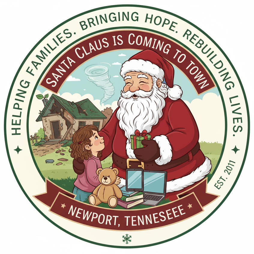 Santa Claus giving a gift to a girl with a teddy bear in Newport, Tennessee.