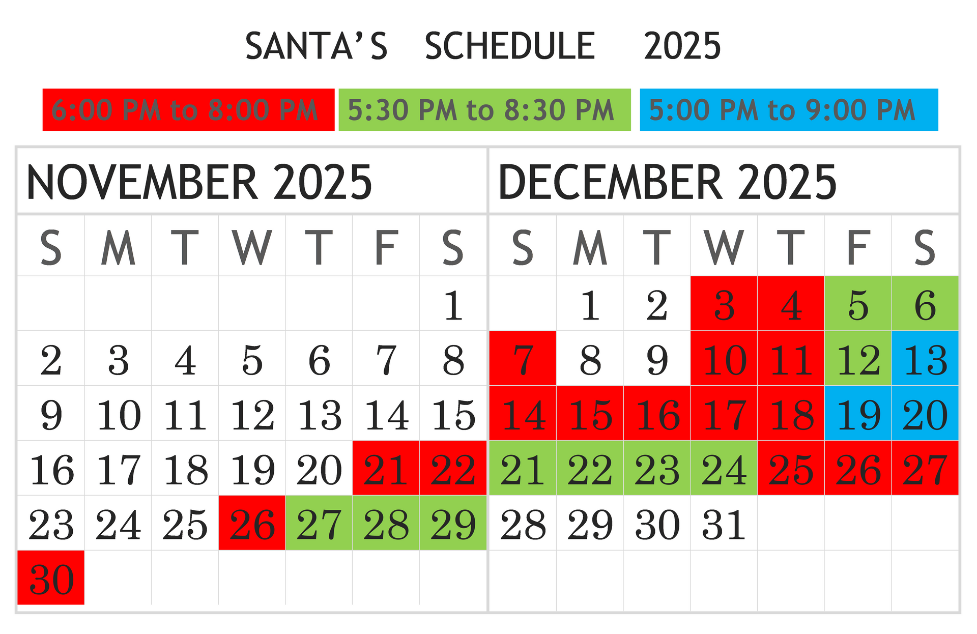 A calendar showing the Christmas Never Ends admission price schedule for 2024-2025