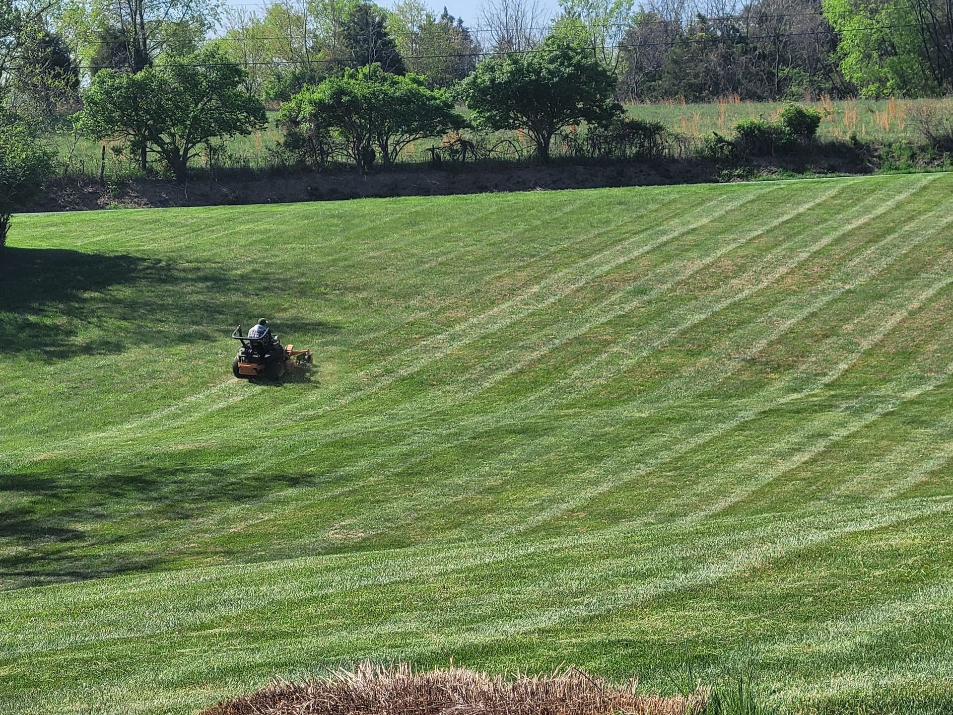 Person mowing a grassy hill, leaving striped patterns in the green lawn. Trees and a field are in the background.