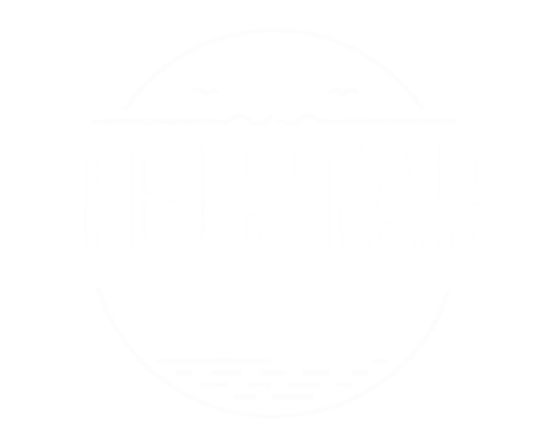 A logo for telstar charters with a whale tail and a boat in the water.