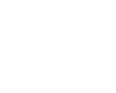A logo for telstar charters with a whale tail and a boat in the water.