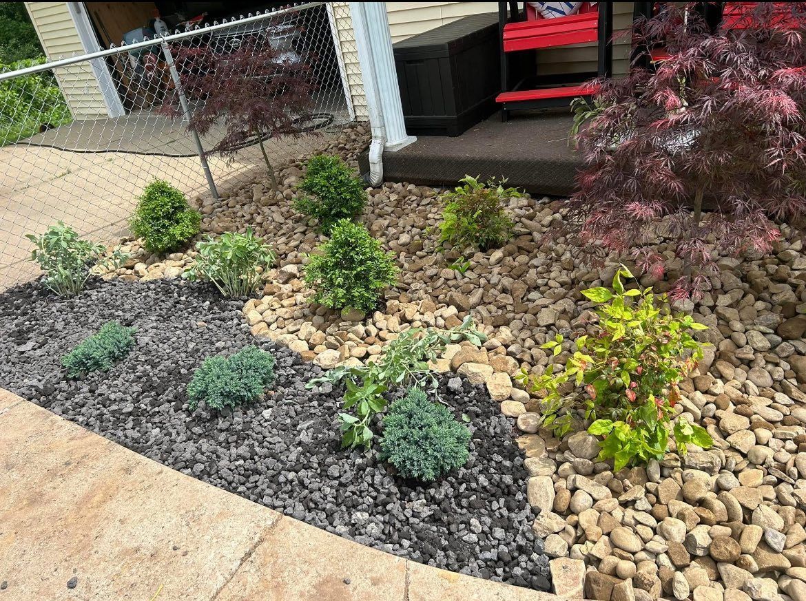Landscaped yard with plants set between brown mulch and tan rocks.