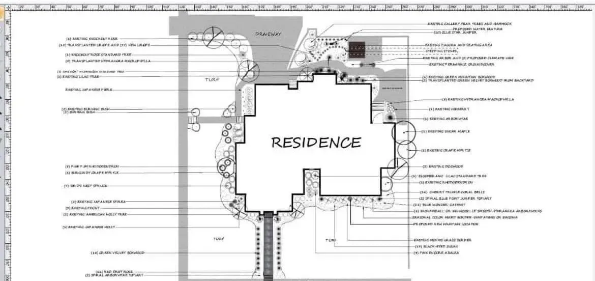 Architectural drawing of a residence with landscaping, depicting layout and design elements.