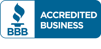 The bbb logo is blue and white and says accredited business.